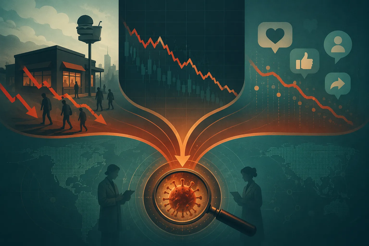 Conceptual crisis measurement dashboard showing restaurant traffic decline, stock movement, and social engagement signals converging around an active investigation