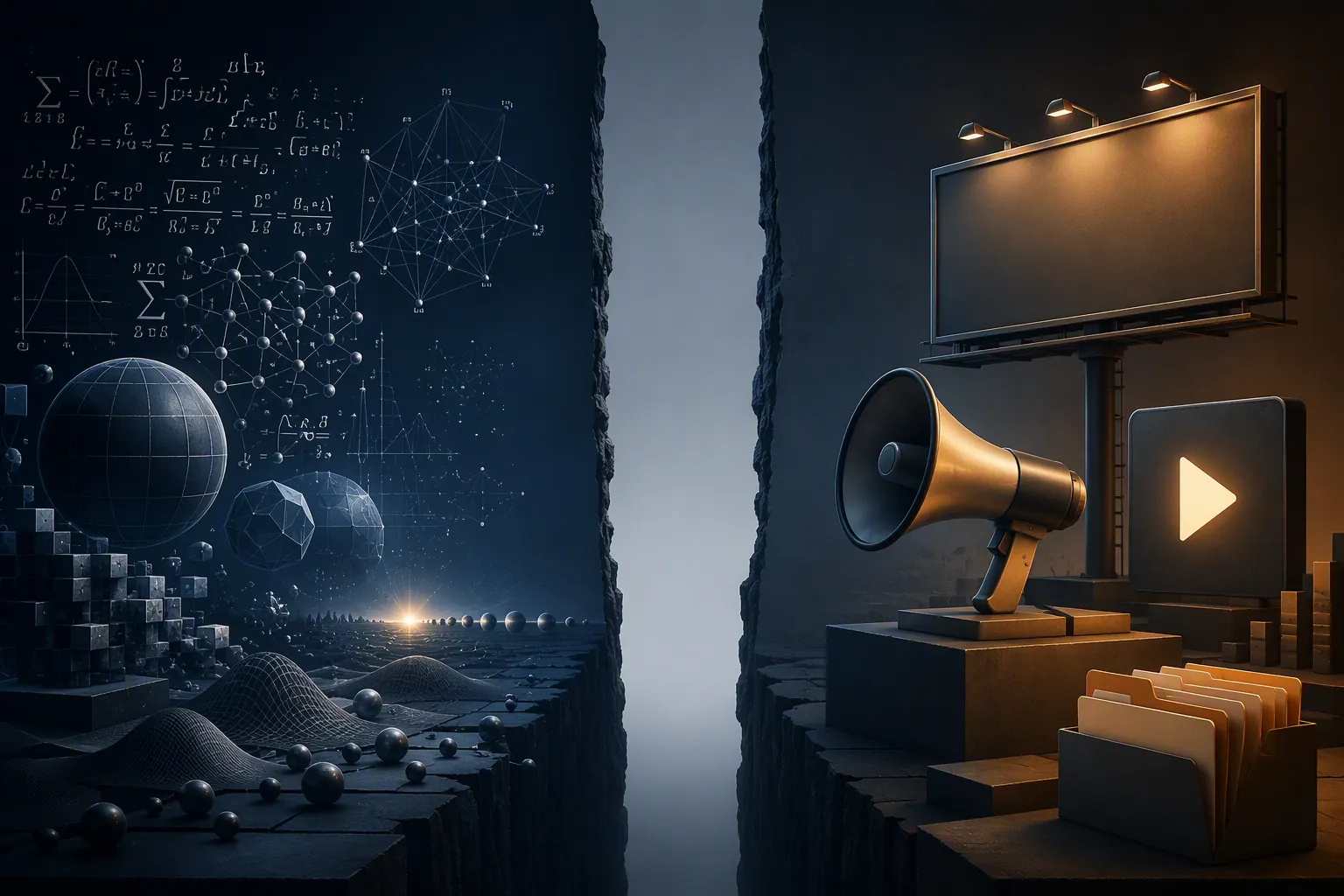 Editorial illustration separating abstract mathematical reasoning from ad creative icons