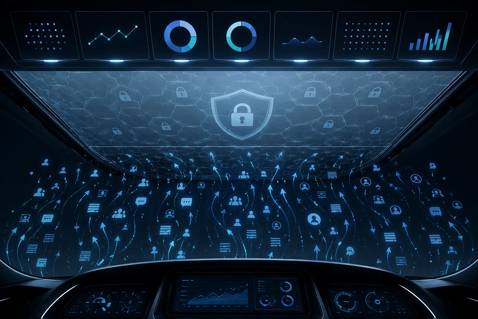 Seven dashboard metrics shown above a privacy glass ceiling that blocks query, demographic, and conversation data