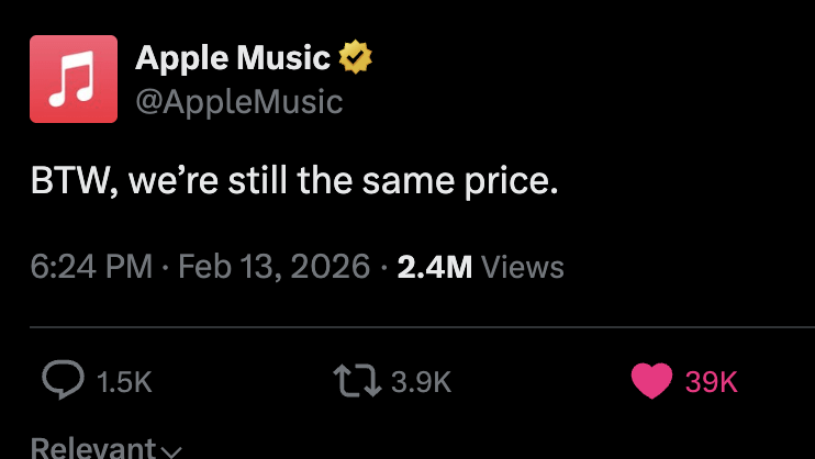 Apple Music social post saying BTW, we're still the same price