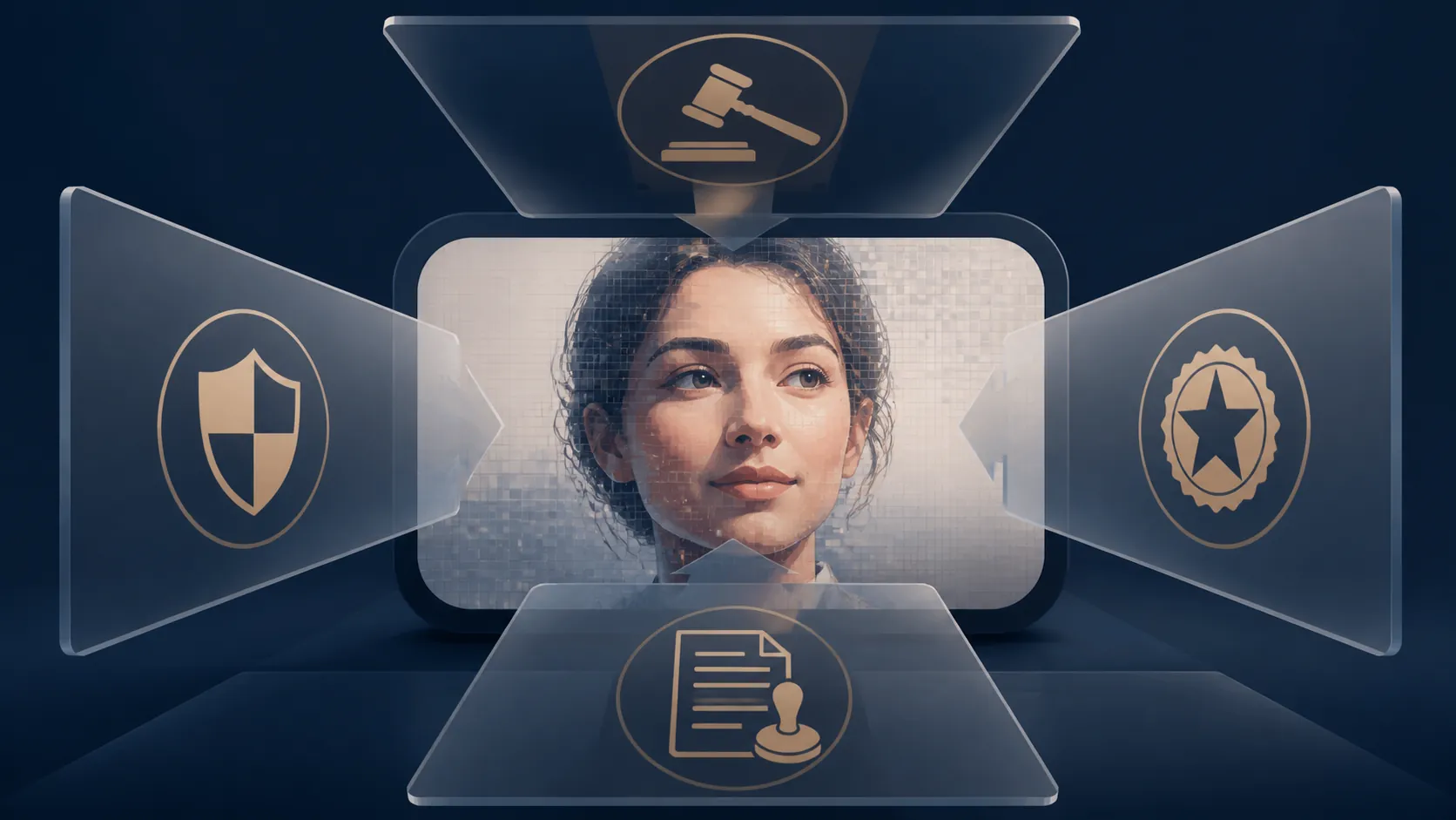 AI-generated human face behind overlapping regulatory panels
