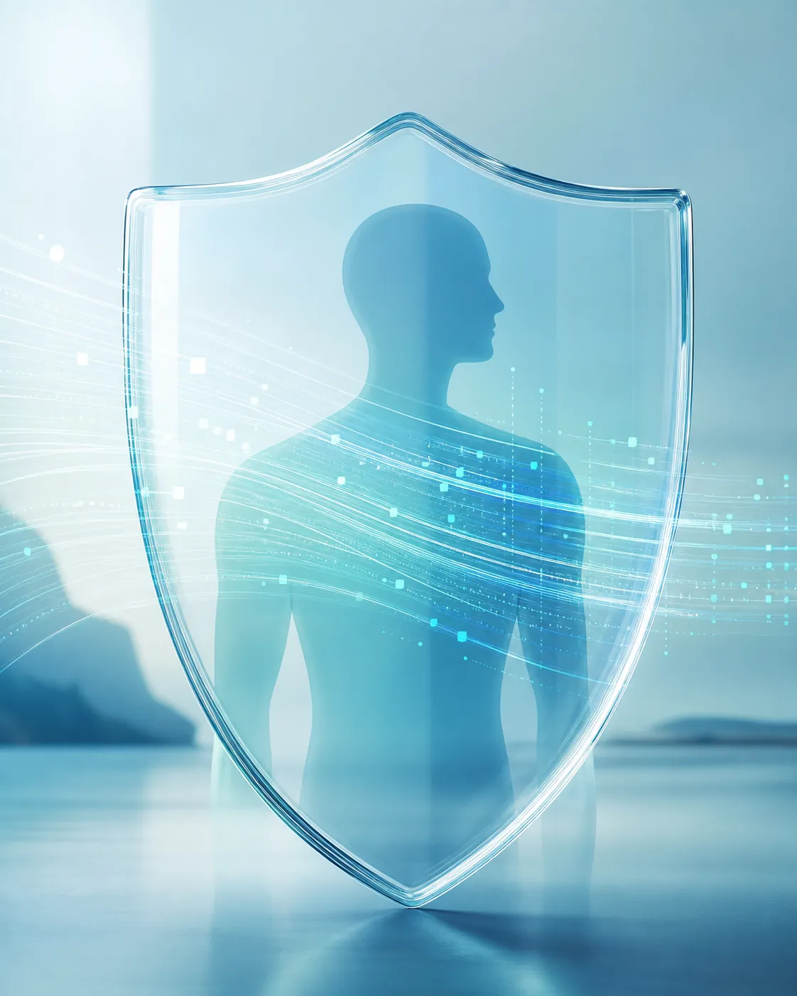 Transparent digital shield protecting a human silhouette with visible data streams