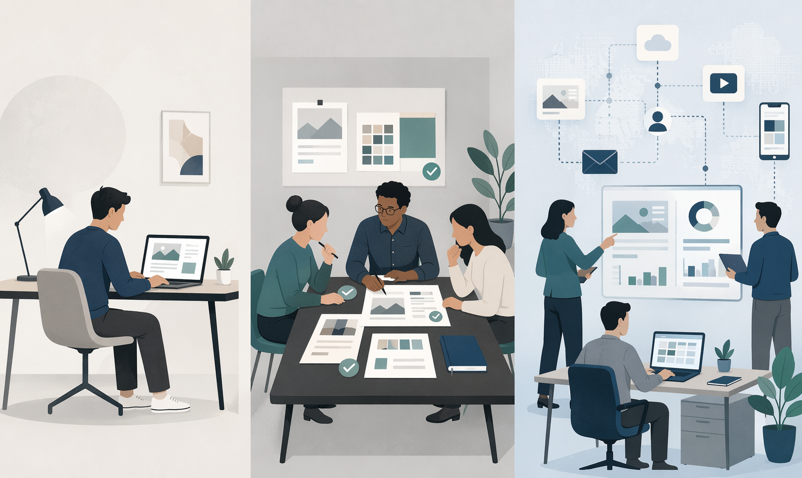Three scenes comparing a solo creator, a collaborative marketing team, and an enterprise workflow setup
