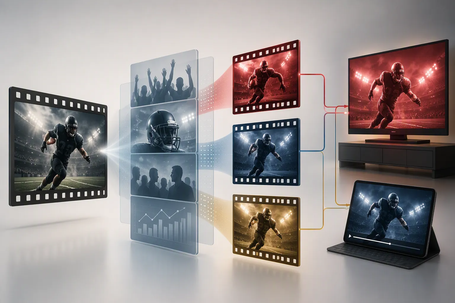 Personalization engine passing a master ad through fan-data layers into tailored TV and streaming versions