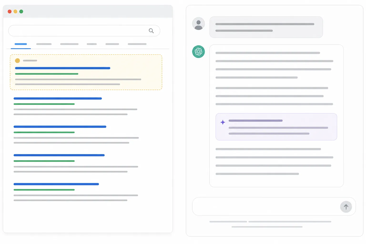 Comparison of a search results page with a sponsored listing and a chat interface with a small sponsored suggestion
