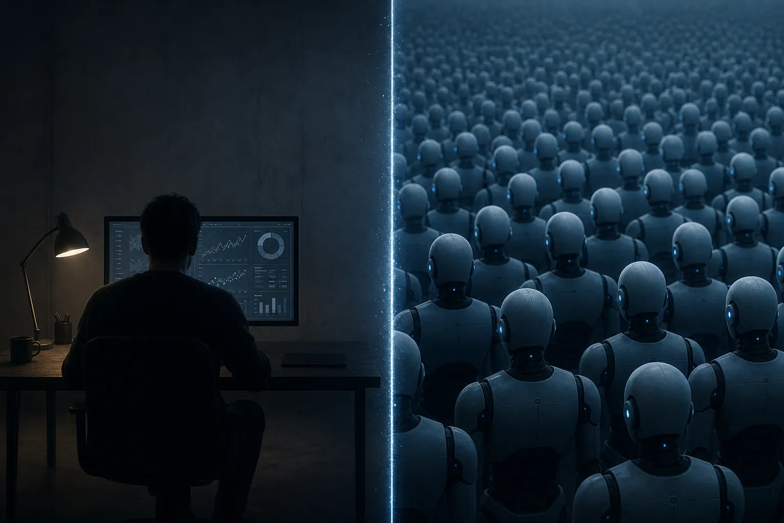 Human web activity visually outweighed by a much larger crowd of bot silhouettes