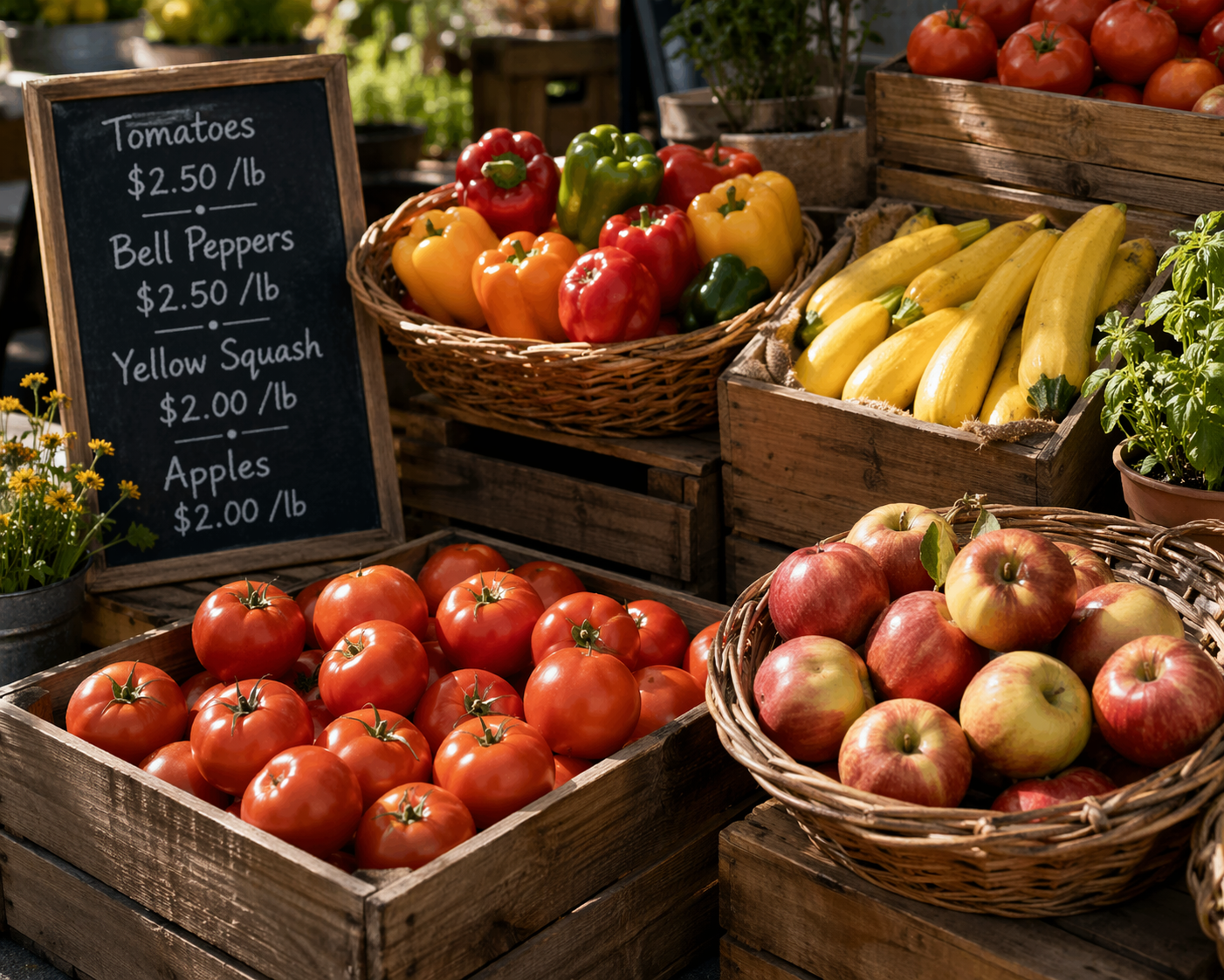 A neatly arranged farm market display with tomatoes, peppers, squash, apples, baskets, crates, and a chalkboard price sign