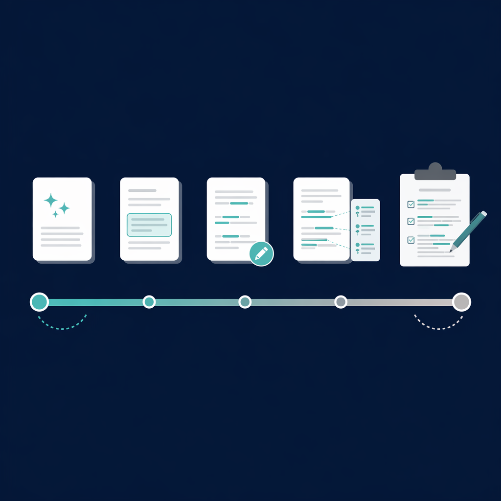 A minimalist spectrum illustration on a dark navy background showing a horizontal gradient from left to right, with abstract tool marker shapes spaced along a scale to represent varying levels of human editing and oversight needed, using white, gray, and teal accent colors.