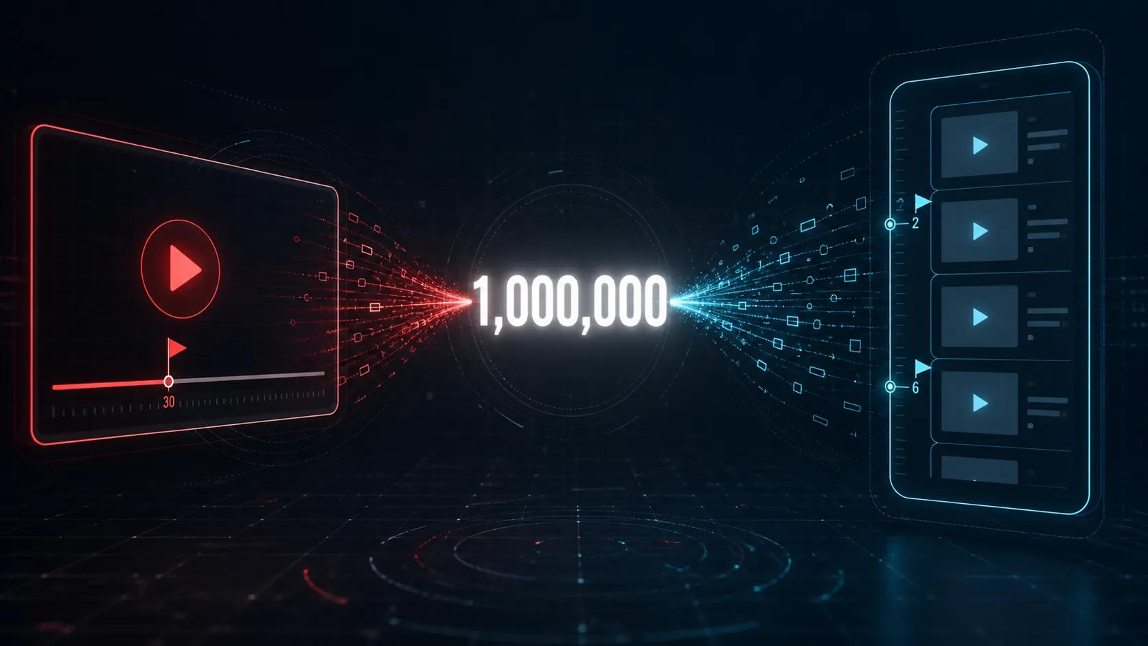 A glowing 1,000,000 counter splitting into different YouTube and TikTok view events
