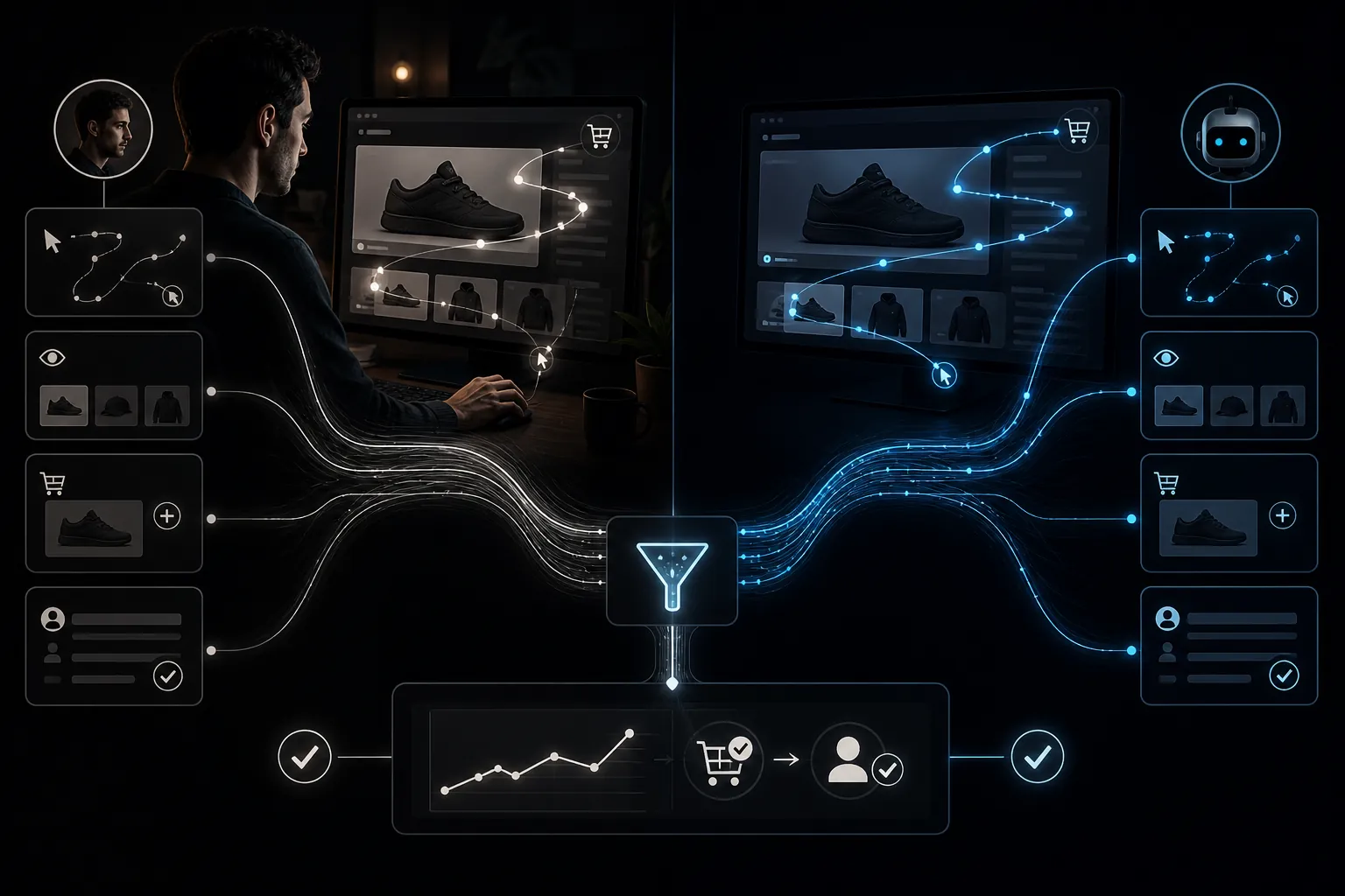Human behavior and generative AI bot behavior feeding into the same indistinguishable conversion signal pipeline