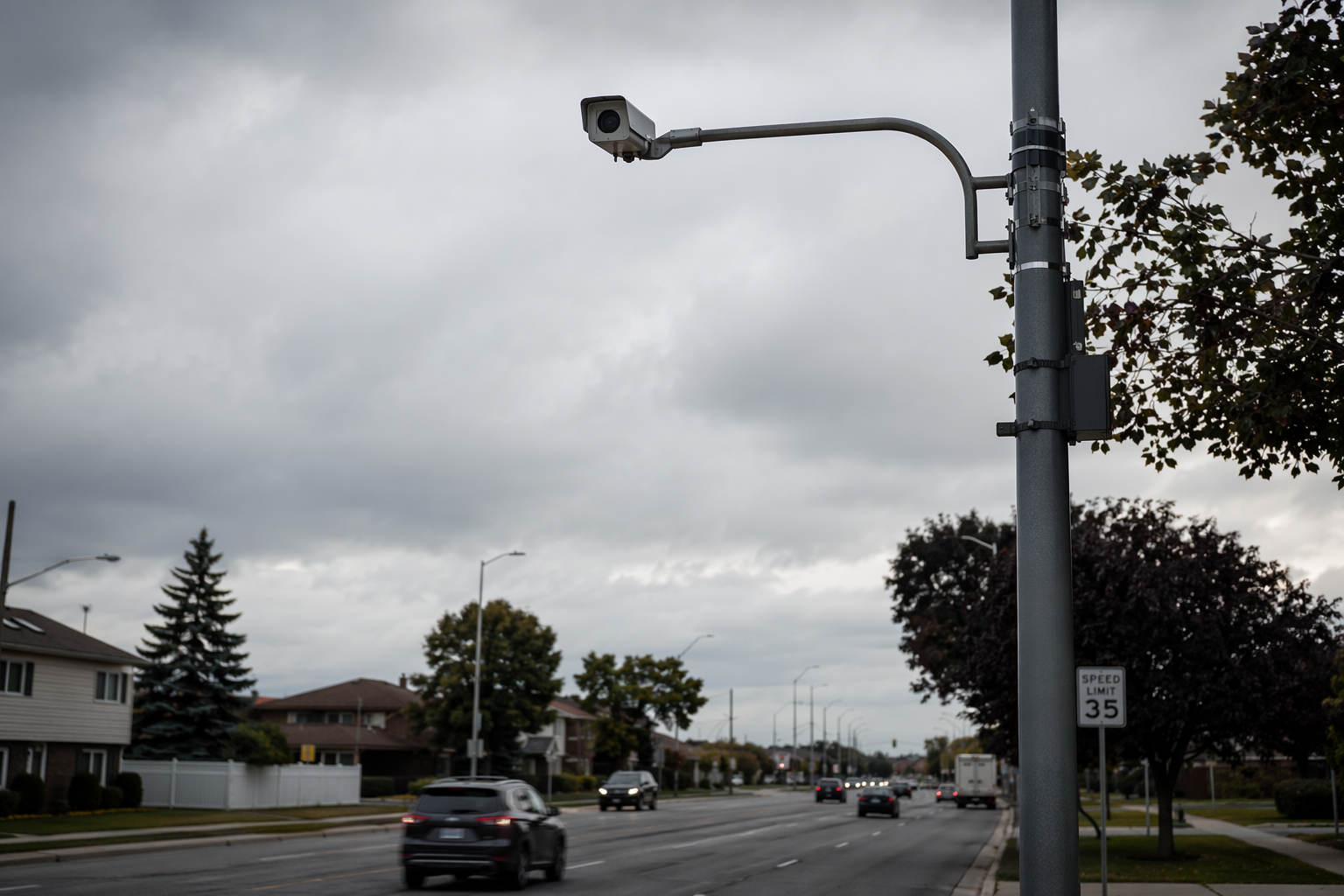 Roadside surveillance cameras mounted on poles along a suburban street
