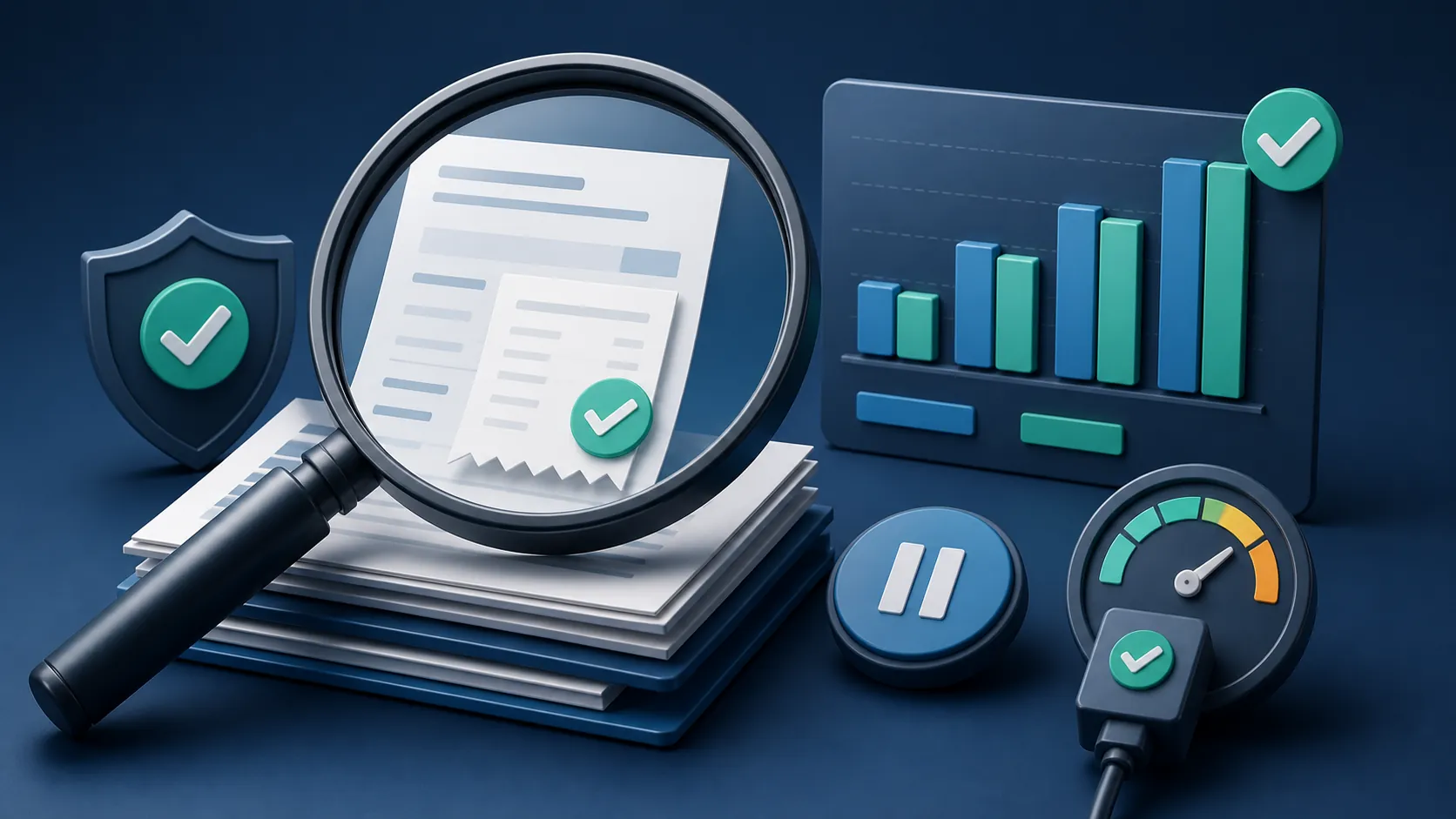 Magnifying glass over invoices, delivery charts, pause controls, and verification checkmarks