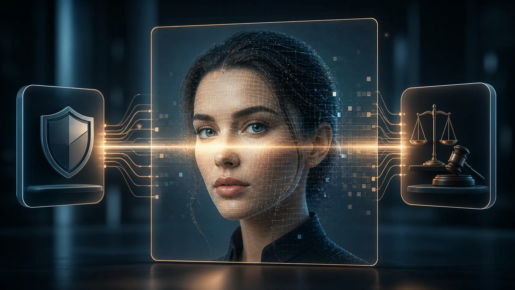 AI-synthesized human face in an ad creative frame connected to provenance and legal inspection symbols
