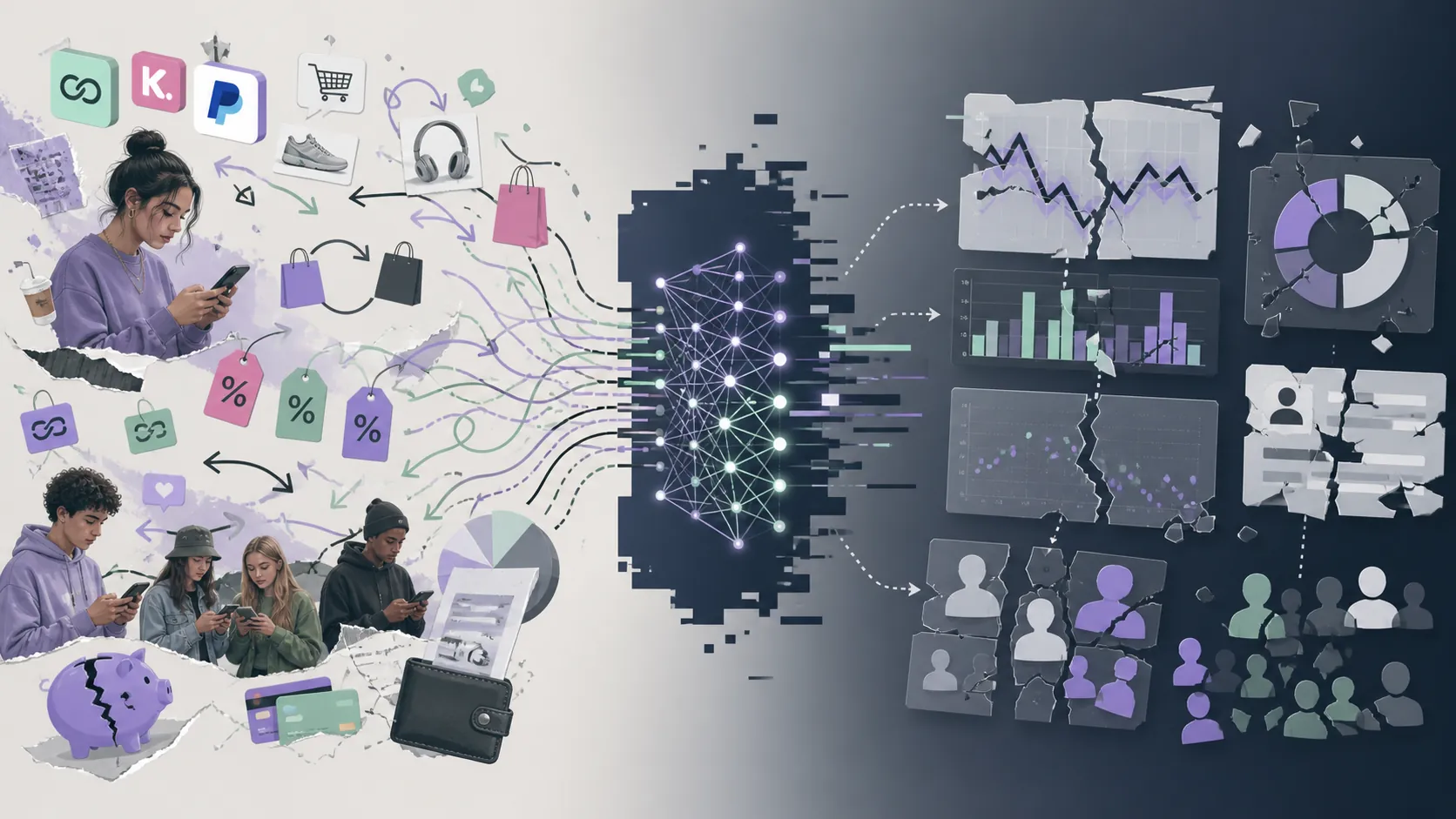 AI ad targeting dashboard receiving fragmented Gen Z financial signals and outputting broken CPA metrics