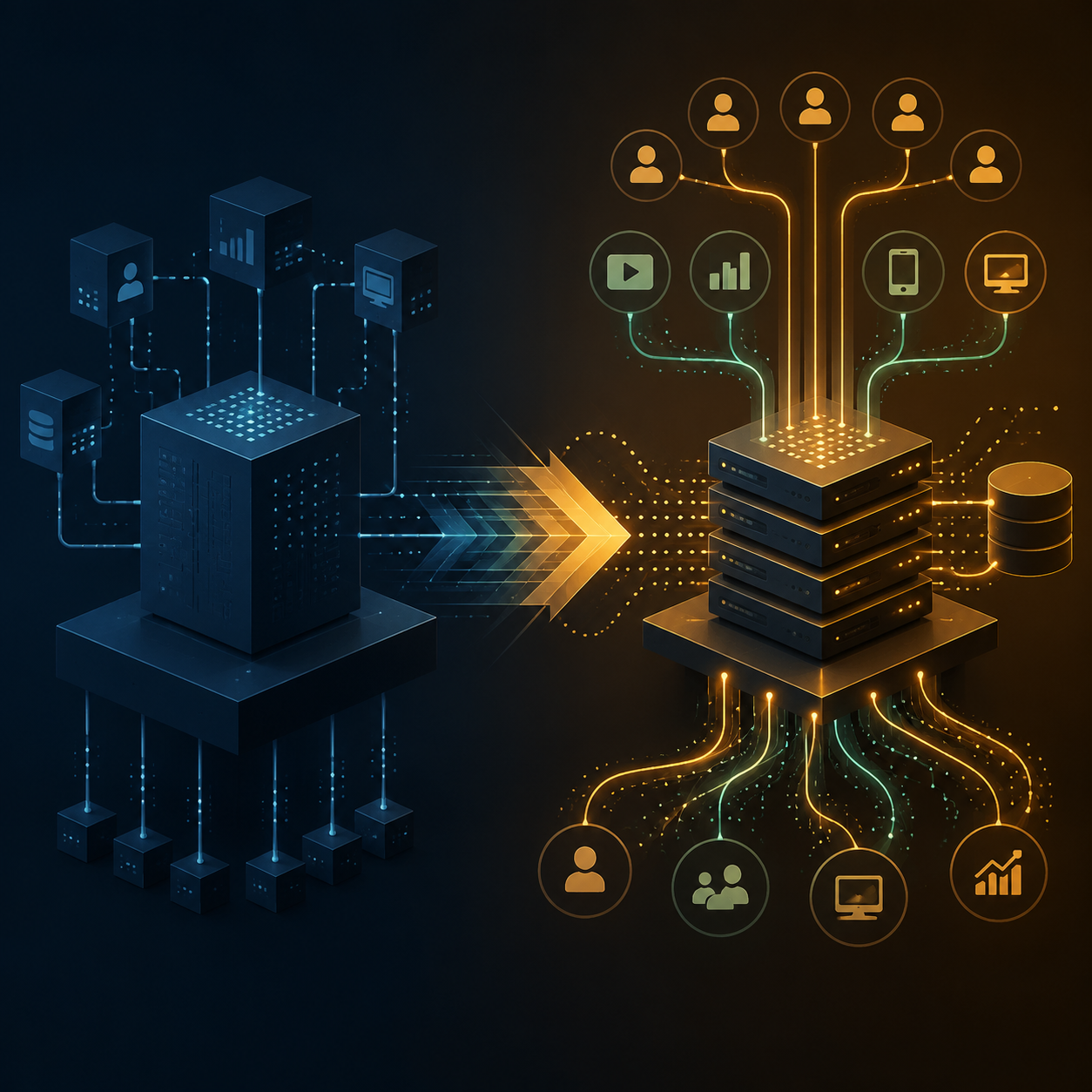 Conceptual CTV ad technology transition from a legacy external setup to an in-house ad server with Amazon DSP integration