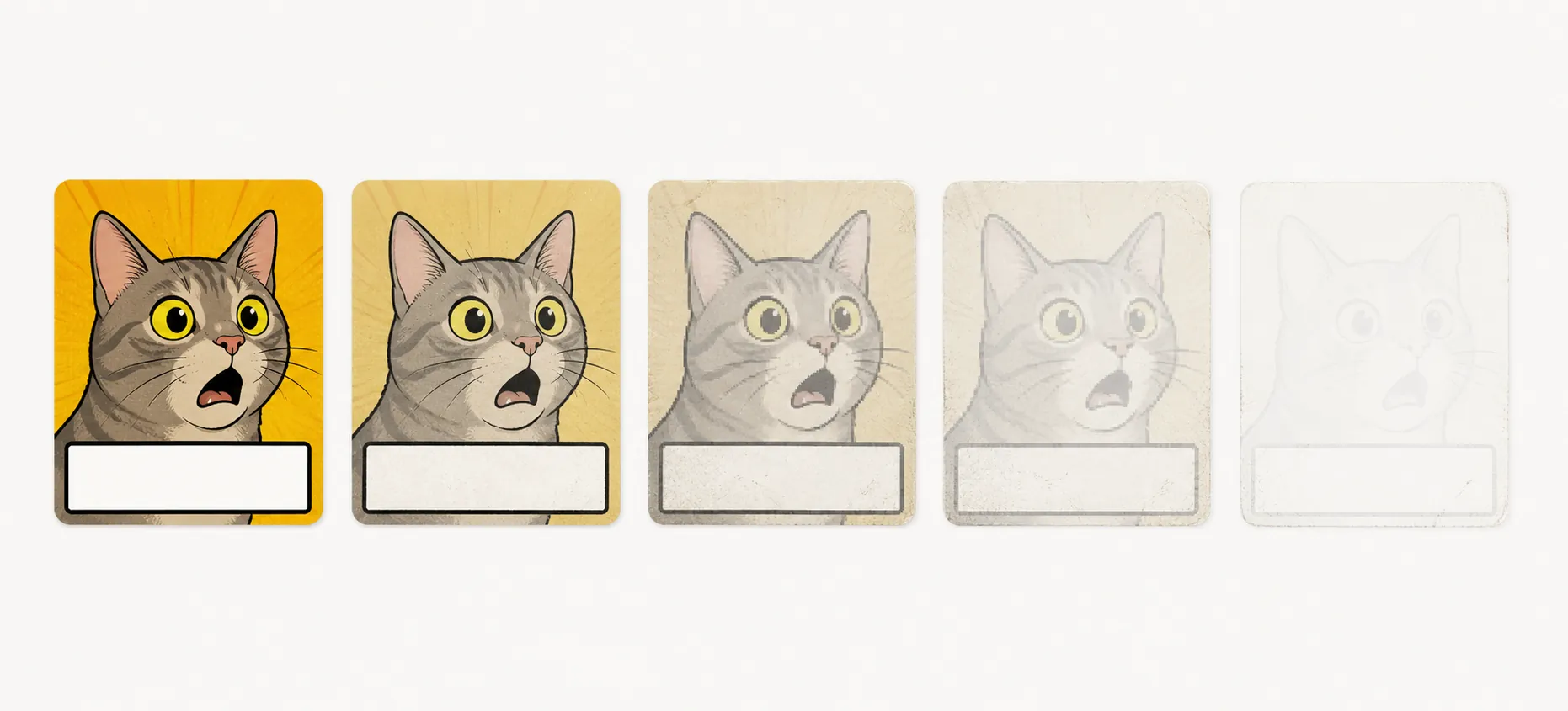 Five repeated meme ad tiles fading from vivid to nearly invisible to show creative fatigue