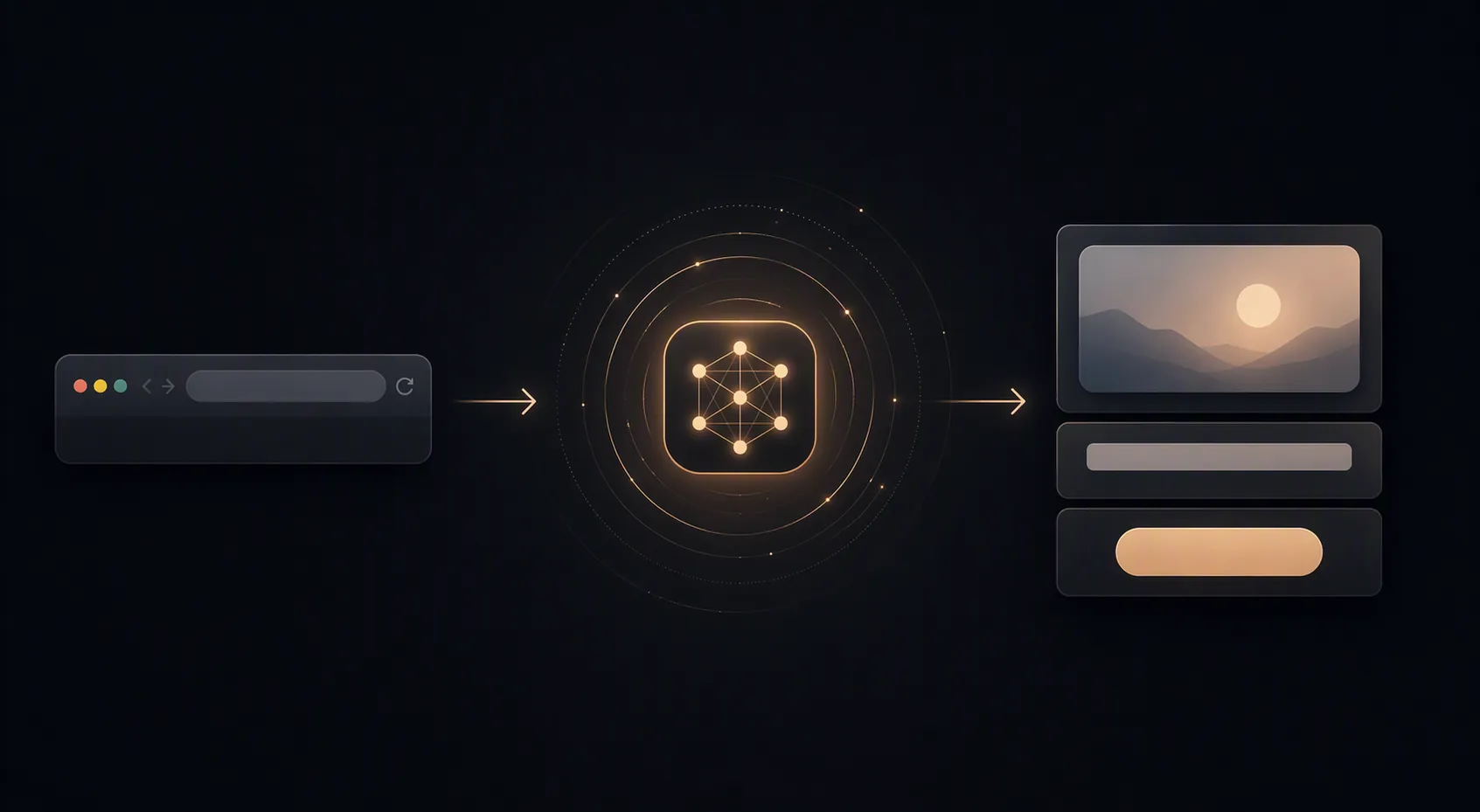 A browser URL feeding into an AI engine that outputs draft ad creative cards