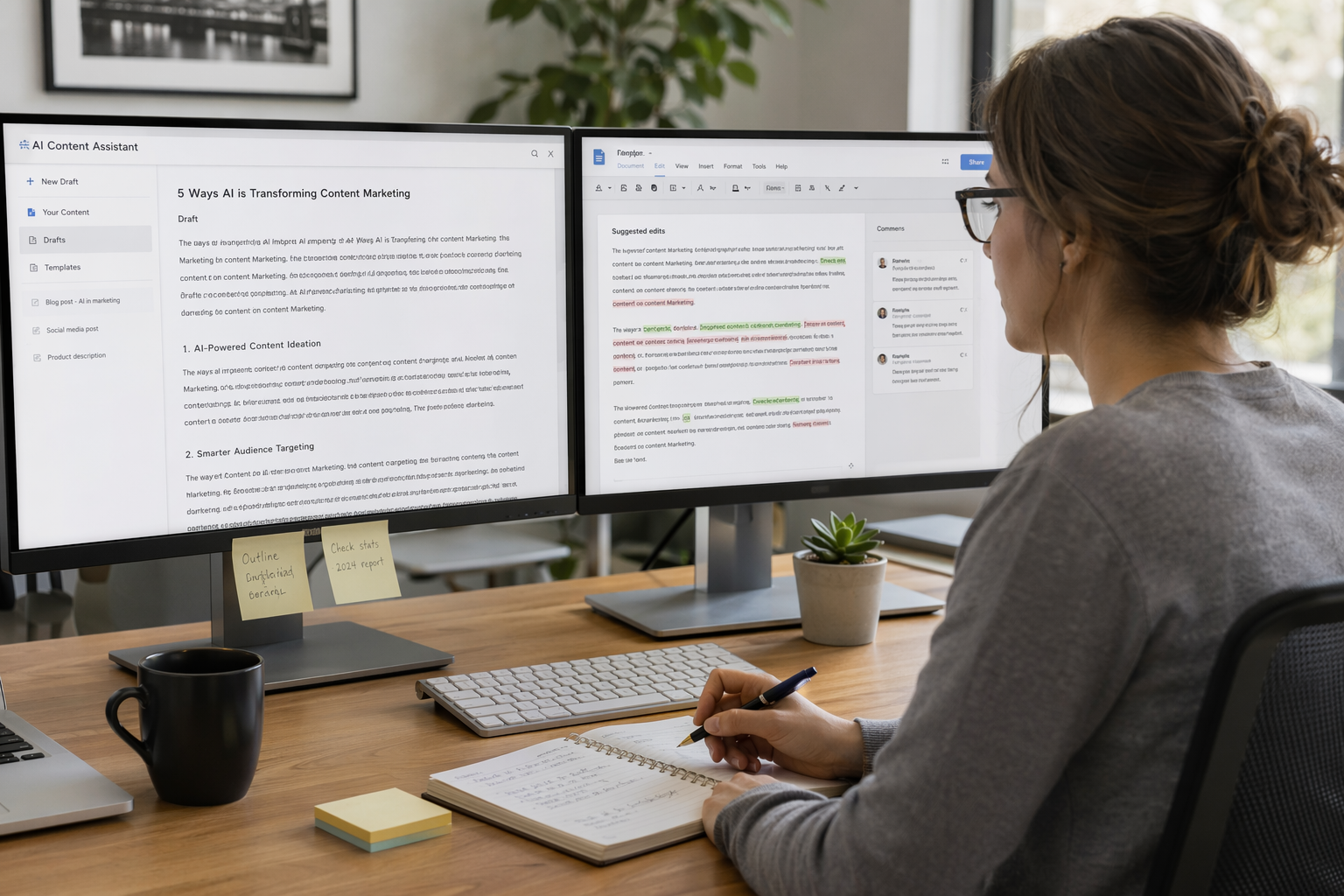 A marketer editing AI-generated copy on two monitors in a focused workflow