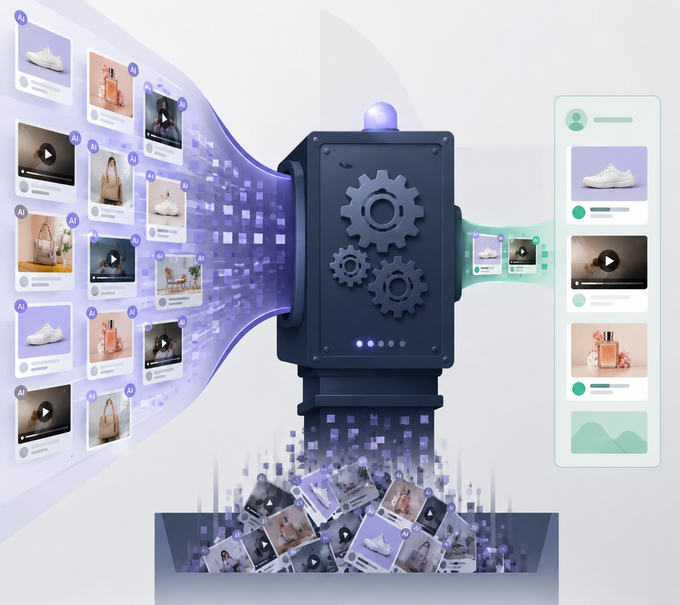 AI-generated creative pieces entering a platform ranking system where most are blocked before reaching the feed