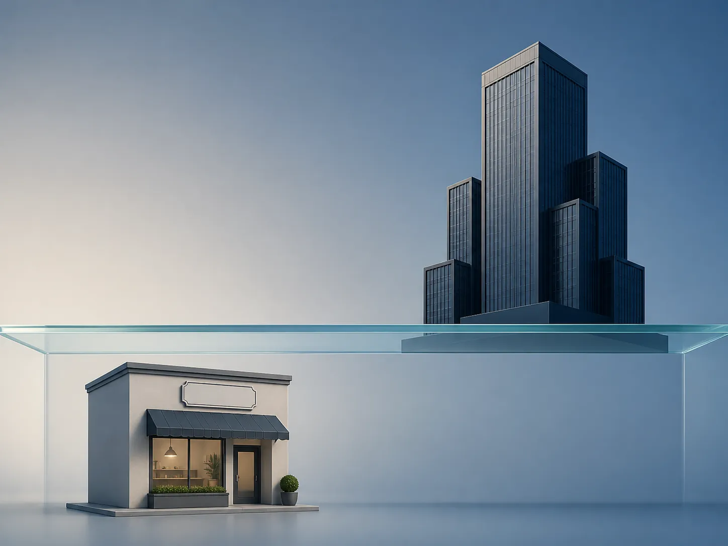 A small storefront below a glass barrier and a tall corporate building above it, representing a revenue ceiling between small and large organizations