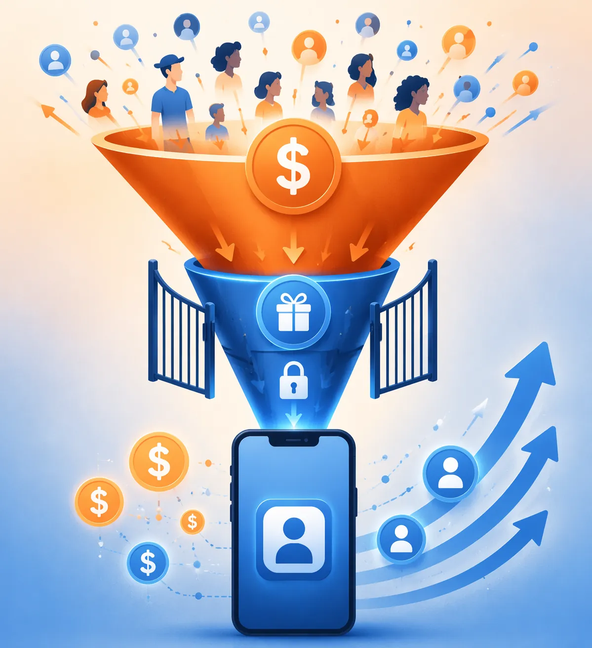 Two-tier mobile app acquisition funnel with broad dollar traffic capture and a gated rewards path converging into a smartphone