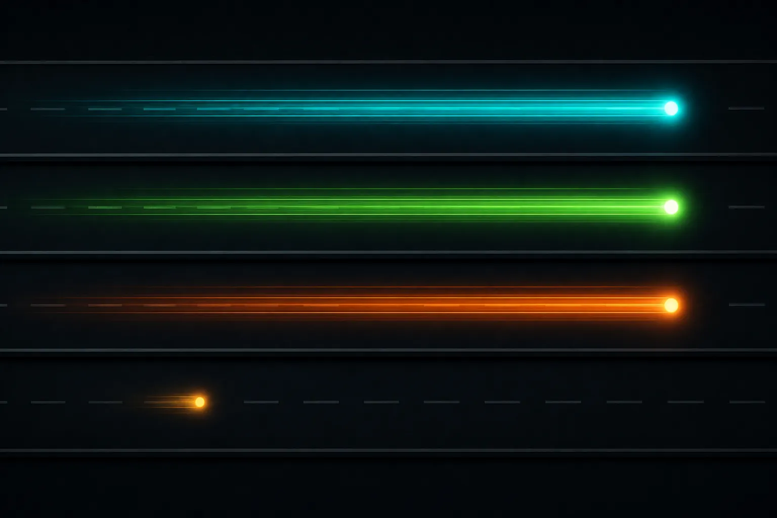 Parallel channel lanes with several fast-moving pulses and one dim lagging pulse showing uneven programmatic growth
