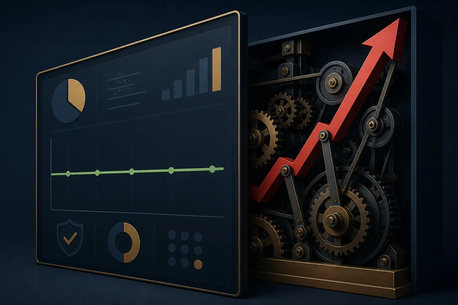 A stable dashboard line contrasted with a hidden mechanism showing real costs rising