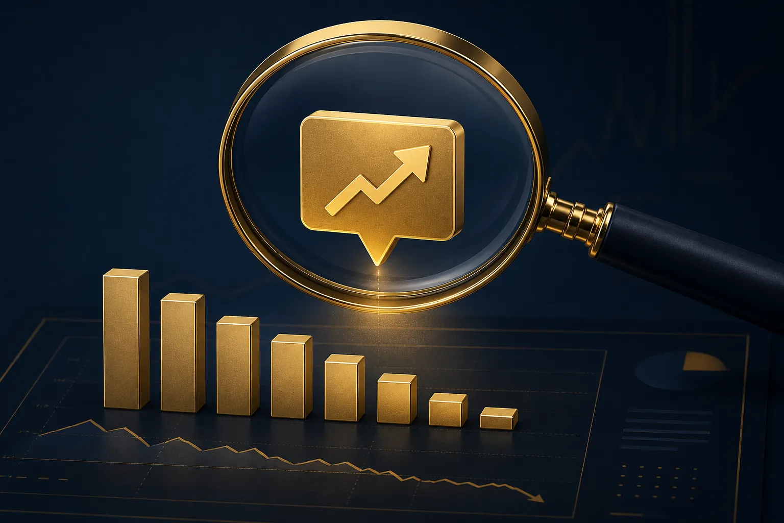 Magnifying glass over an upward-arrow claim badge above descending dashboard bars