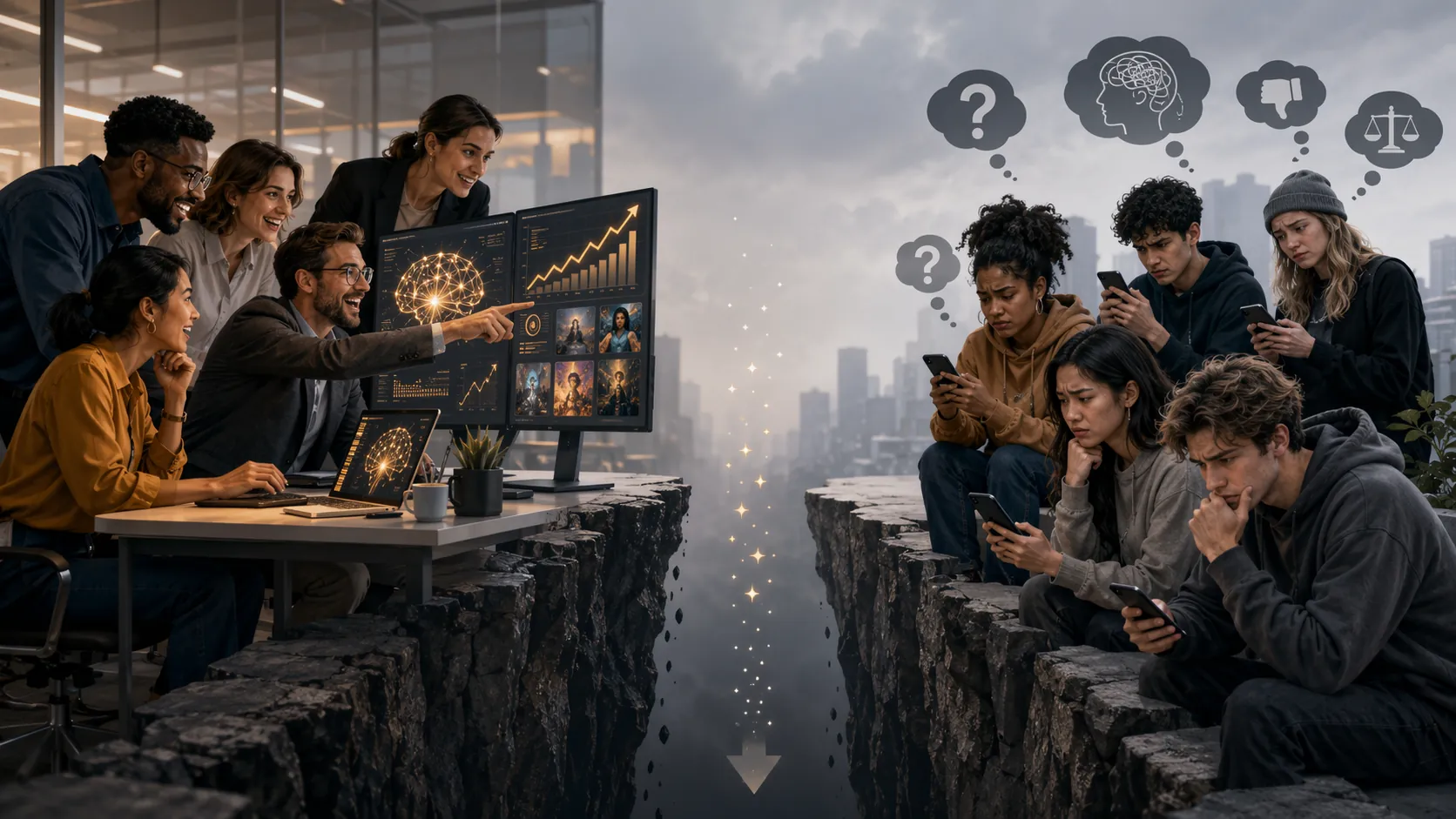 Advertising professionals enthusiastic about AI screens contrasted with skeptical young consumers viewing digital ads