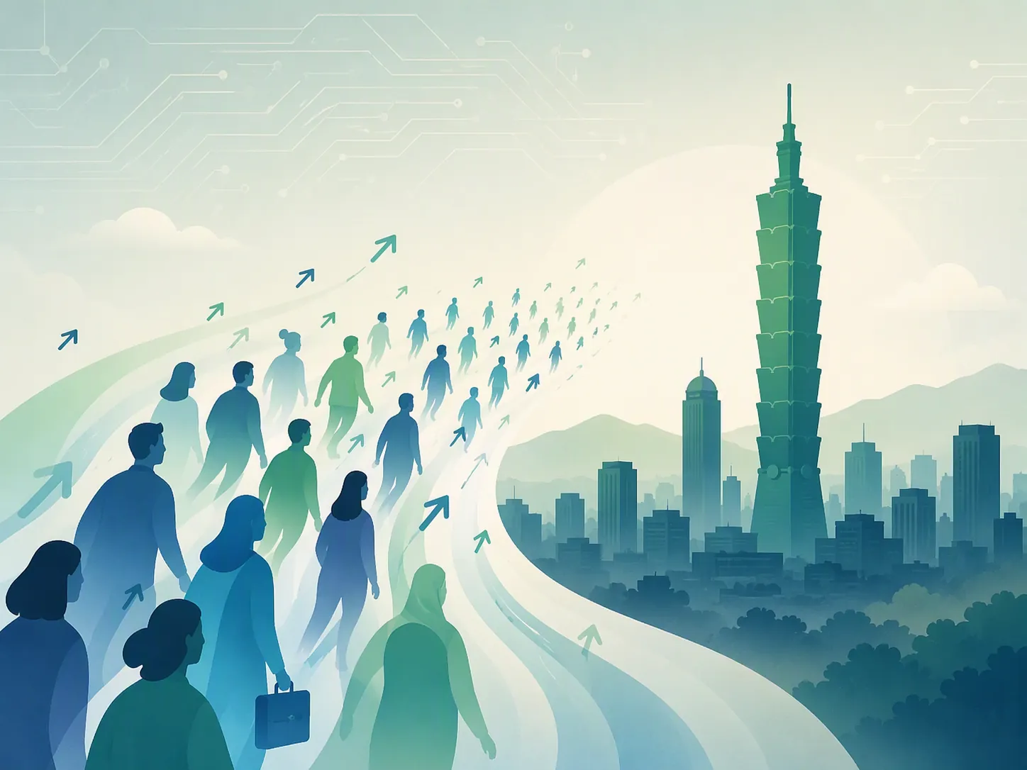International talent moving toward Taiwan’s technology workforce against a Taipei skyline