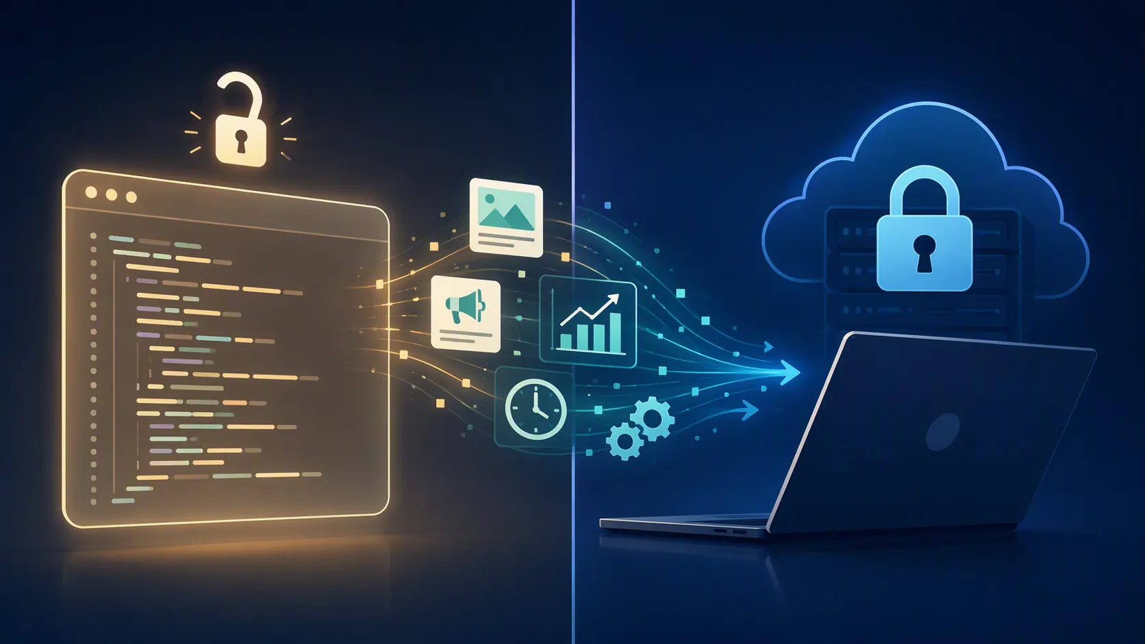 Split illustration showing the open-source terminal boundary on one side and proprietary desktop and cloud systems on the other