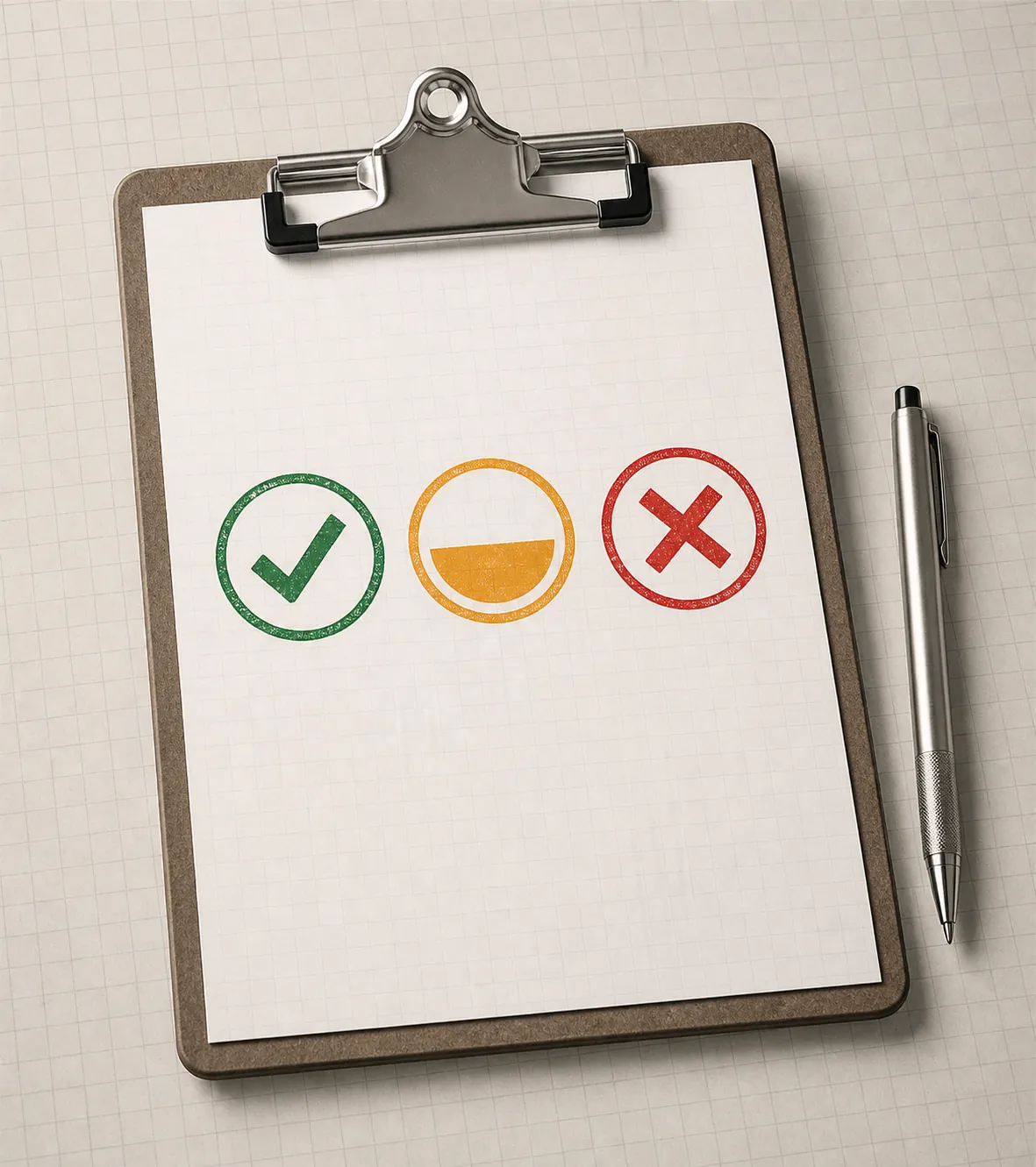 Clipboard audit sheet with green checkmark, amber half-filled circle, and red cross stamps