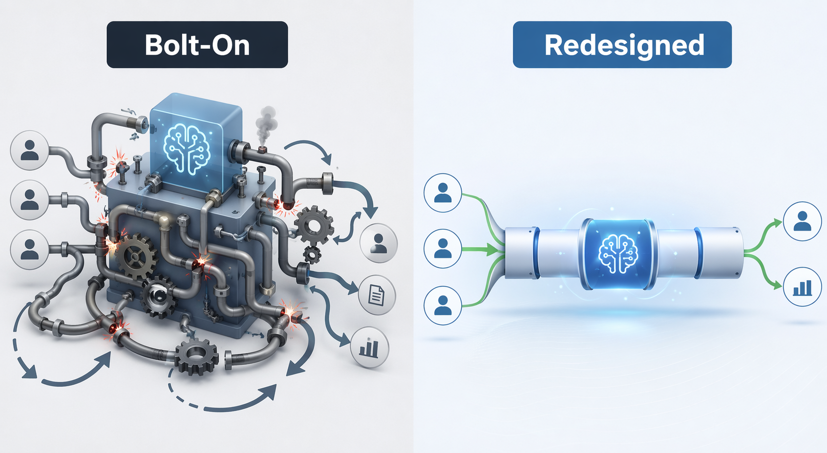 Comparison of a messy bolt-on AI sales workflow and a redesigned streamlined AI workflow