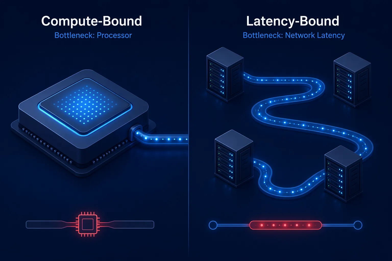 Comparison diagram showing compute-bound and latency-bound AI inference bottlenecks