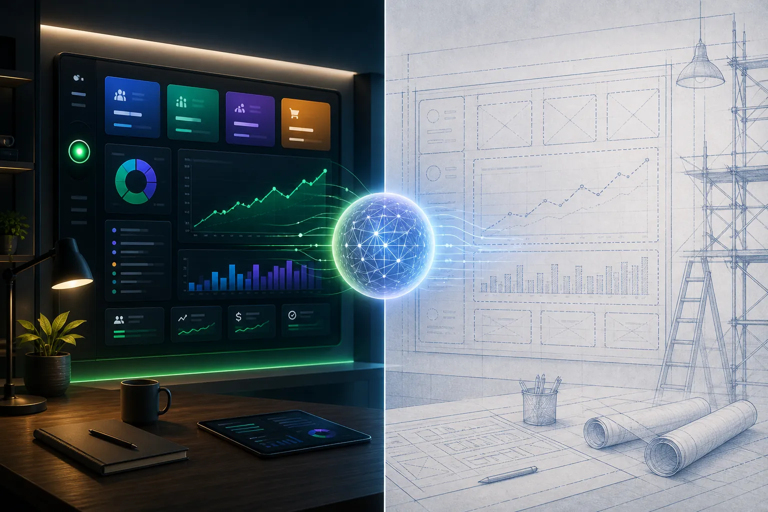 Finished live marketing dashboard contrasted with an unfinished blueprint workspace