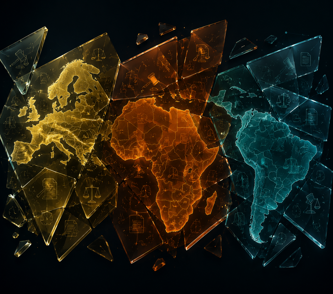 Glass-like panels with legal, document, and clock symbols representing distinct jurisdictions