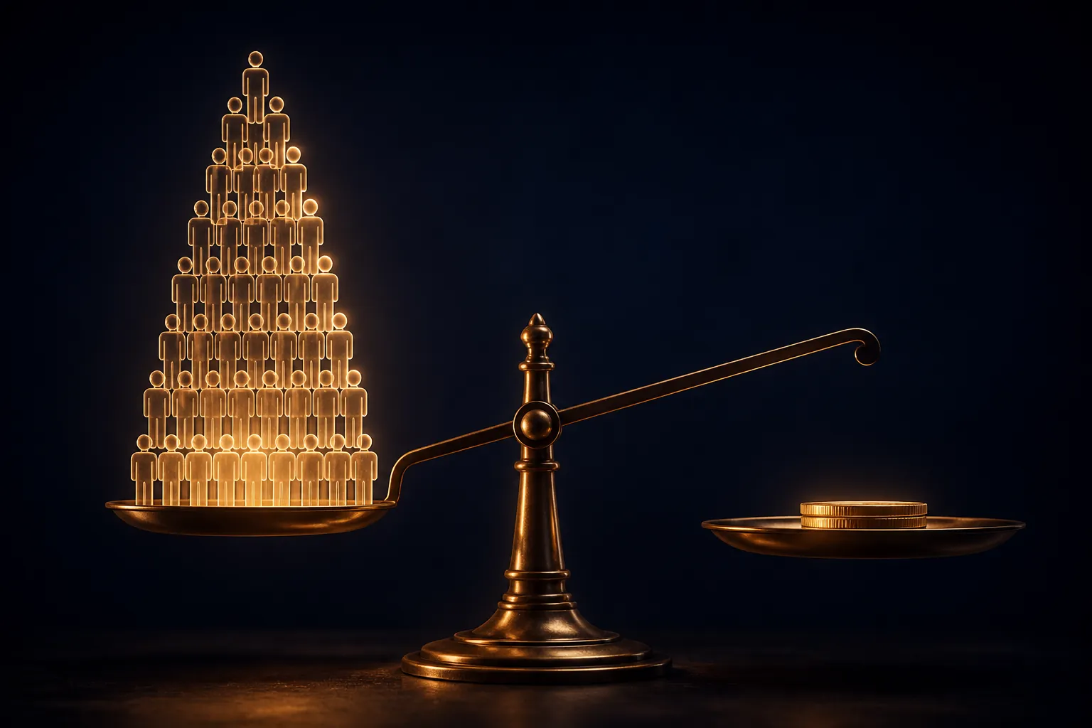 Balance scale showing a large streaming audience stack weighed against a smaller stack of coins