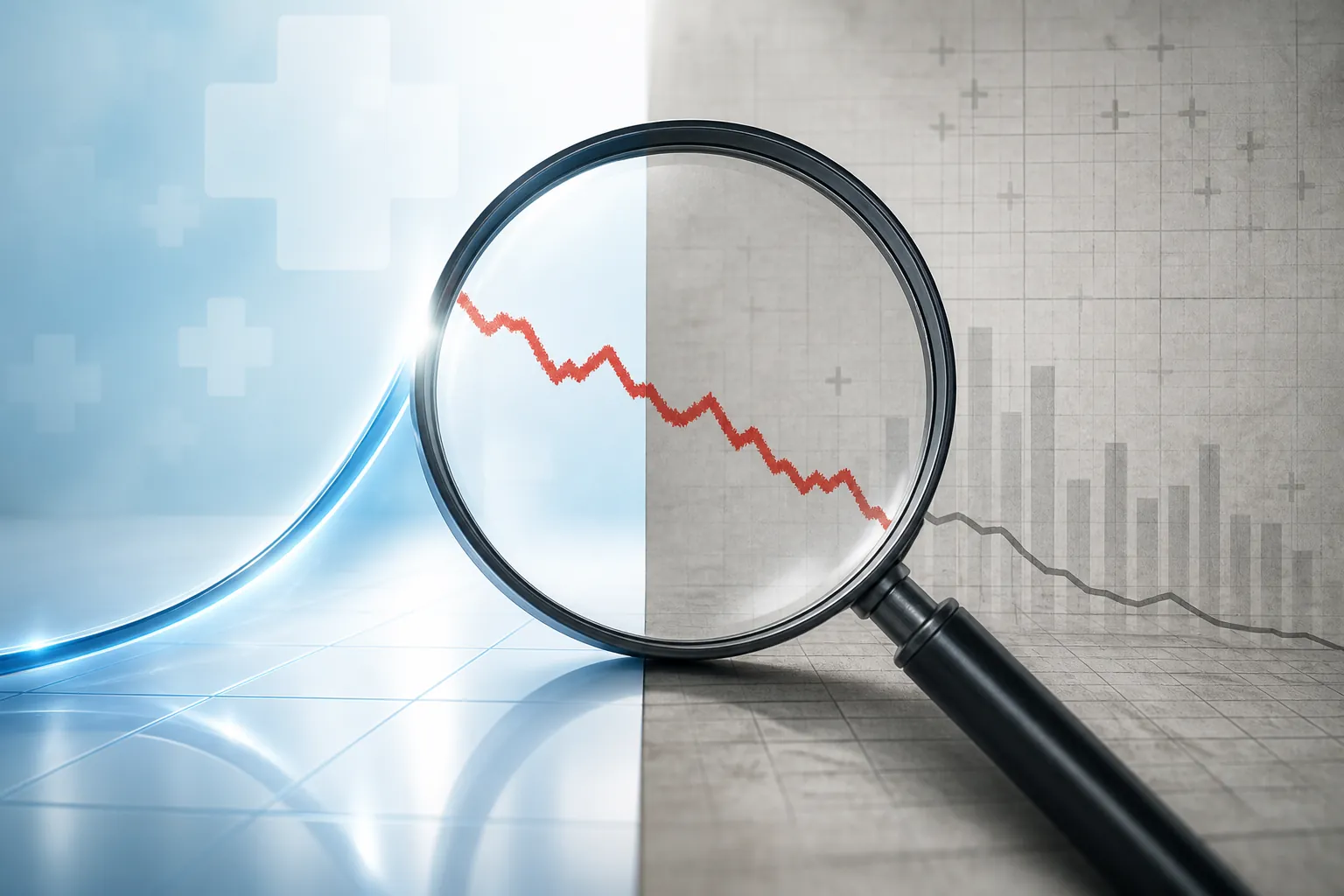 Magnifying glass revealing a declining red line between a glossy growth curve and muted financial documents