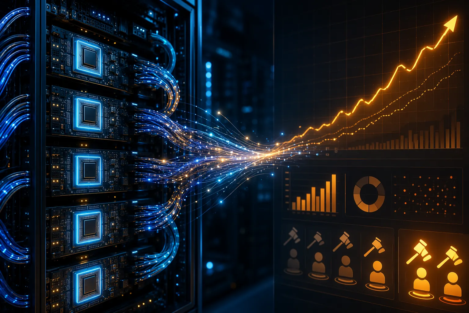 Abstract visual connecting AI inference infrastructure with rising advertising cost dashboards