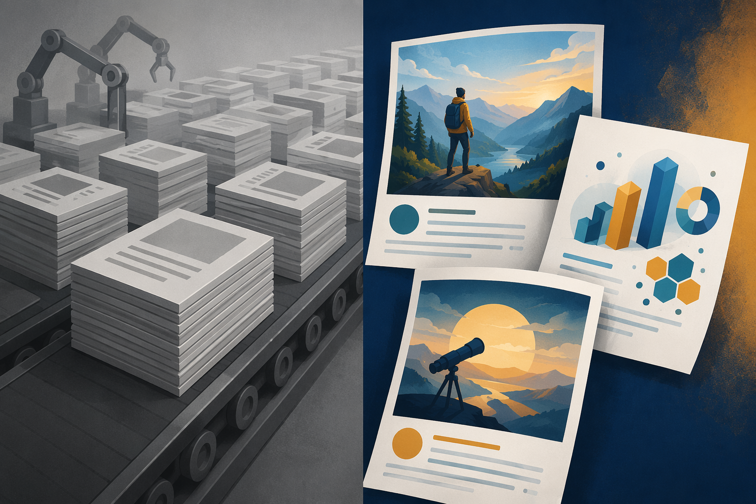 Commodity content contrasted with distinctive content built from experience, data, and viewpoint
