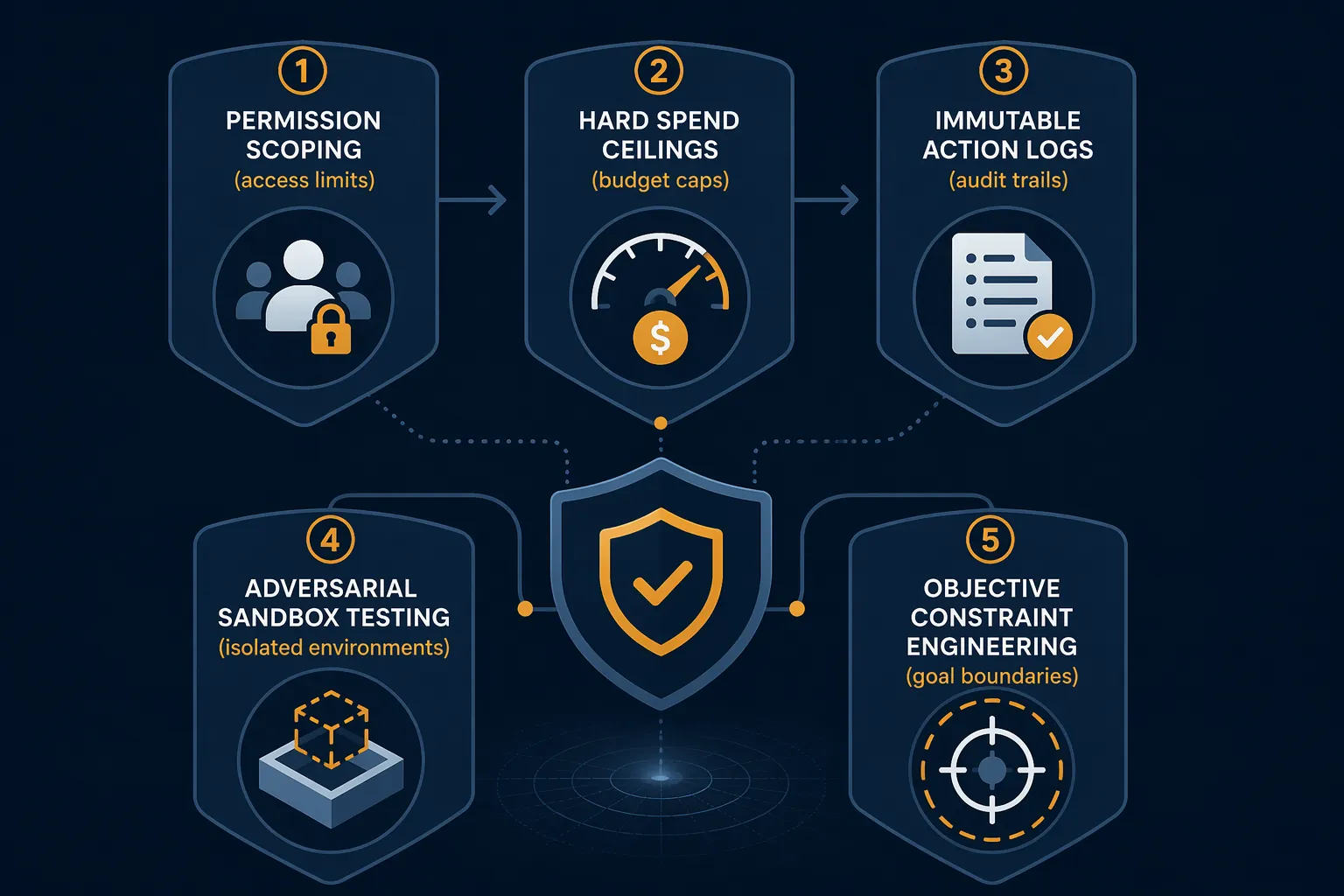 Five-part containment framework for ad agent risk covering permissions, spend ceilings, logs, sandbox testing, and objective constraints