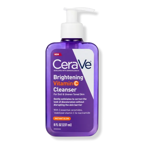 CeraVe Brightening Vitamin C Cleanser pump bottle in teal and white packaging