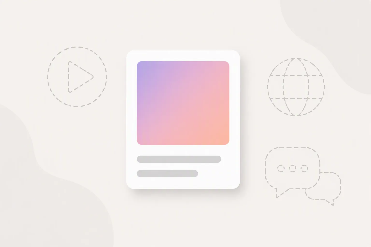Abstract constrained text-plus-image ad card with unavailable video, web, and chat format icons around it