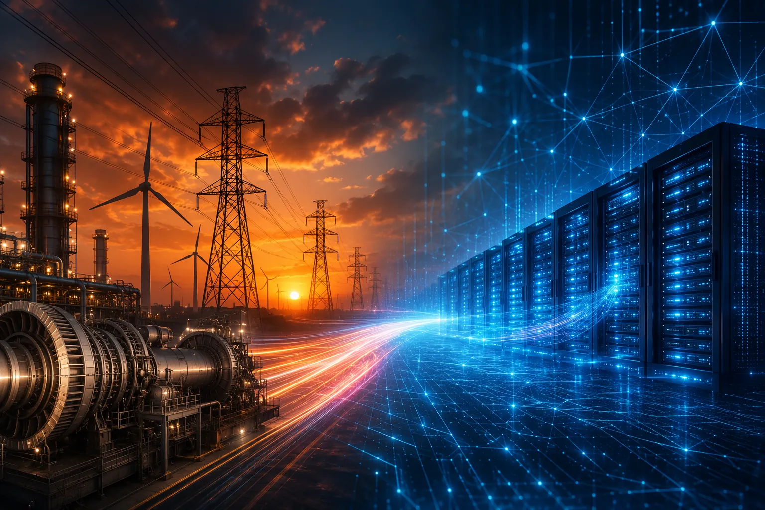 Industrial power infrastructure connected to glowing AI data center server racks