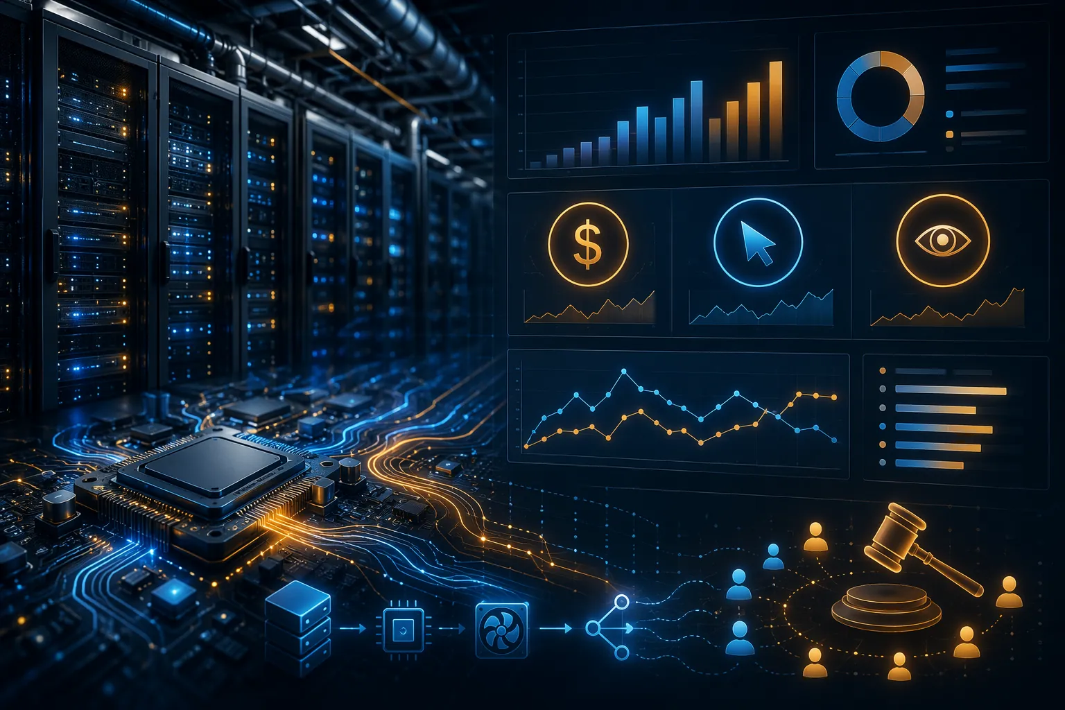 Modern data center fading into advertising dashboard cost metrics