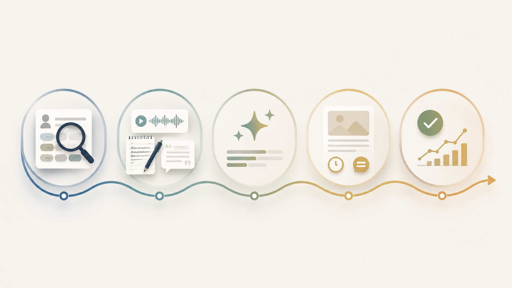 Five-step editorial workflow from profile topic audit to source collection, AI clarification, dwell-time drafting, verification, and monitoring