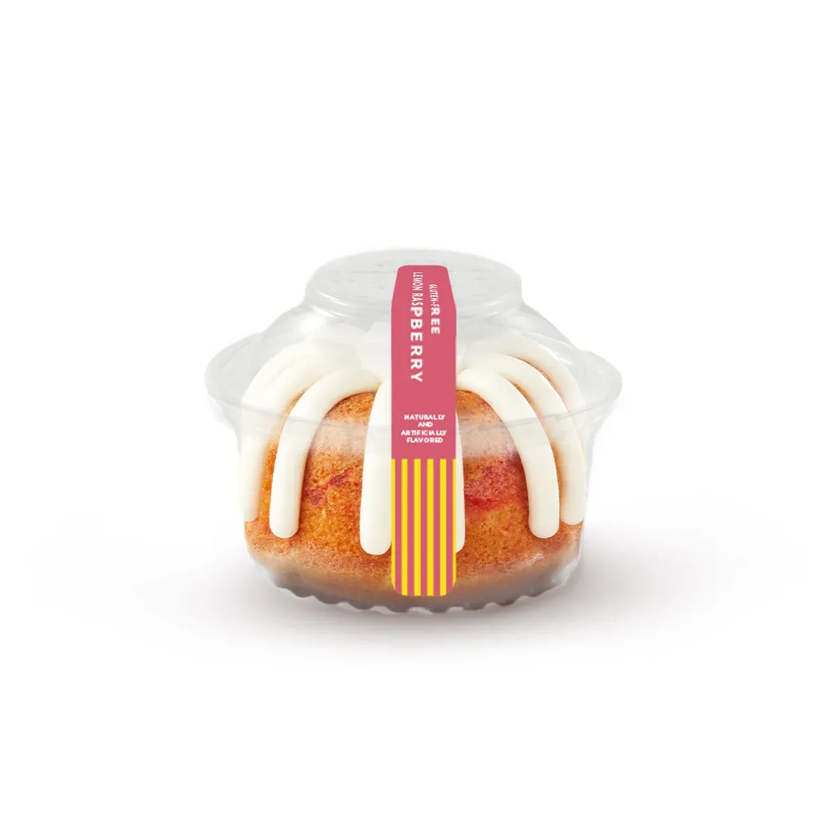 A gluten-free Lemon Raspberry Bundtlet from Nothing Bundt Cakes in a white clamshell package