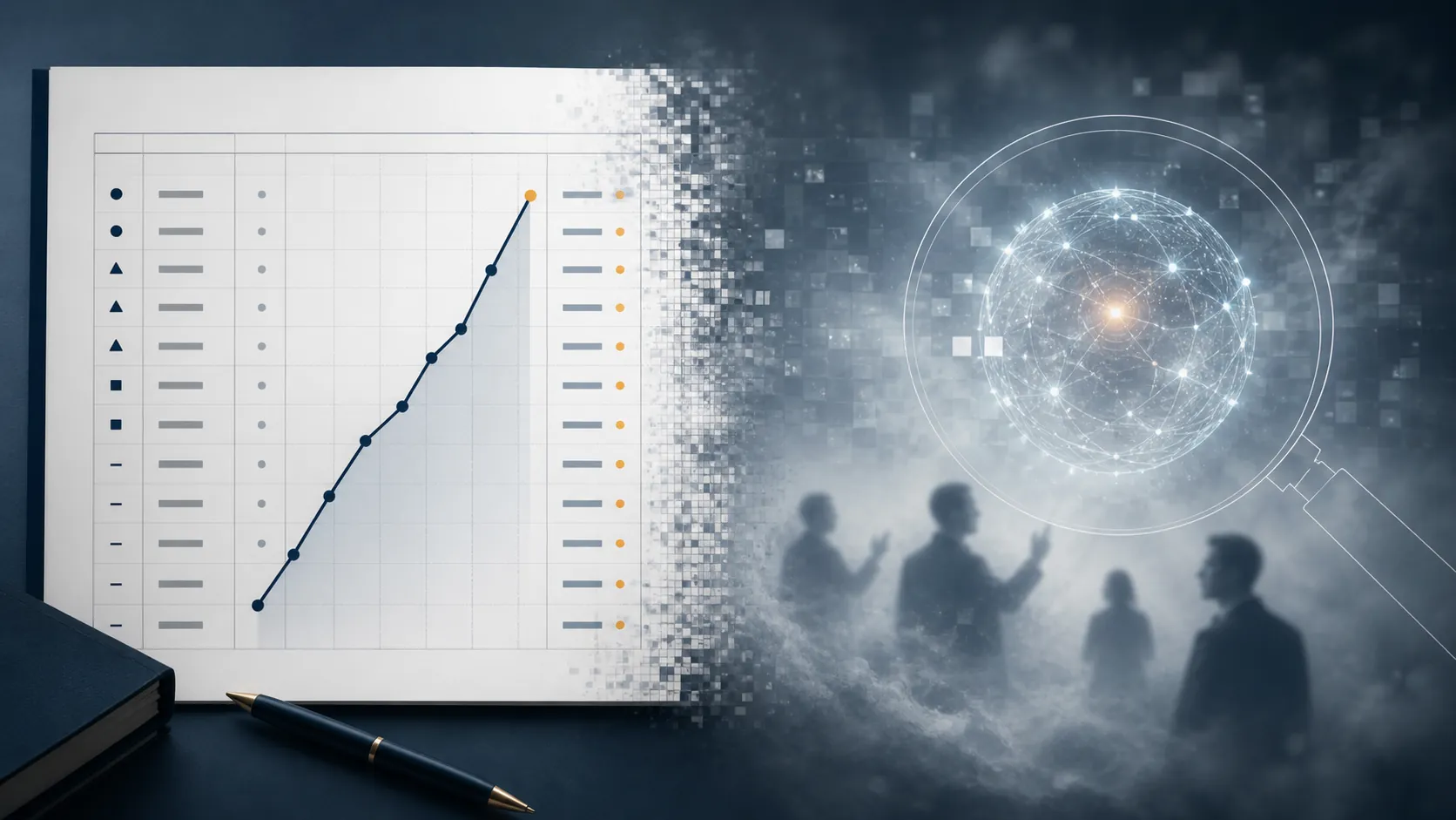 A crisp accounting ledger contrasted with a foggy AI-agent claim