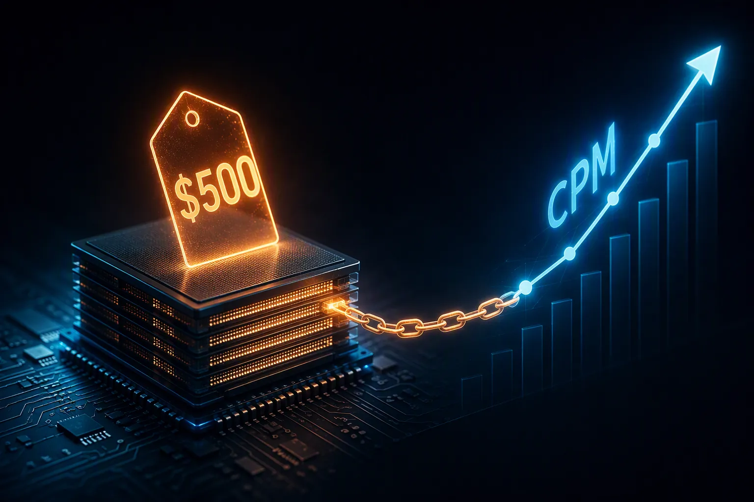 Semiconductor memory chip with a glowing $500 price tag connected to a rising CPM graph