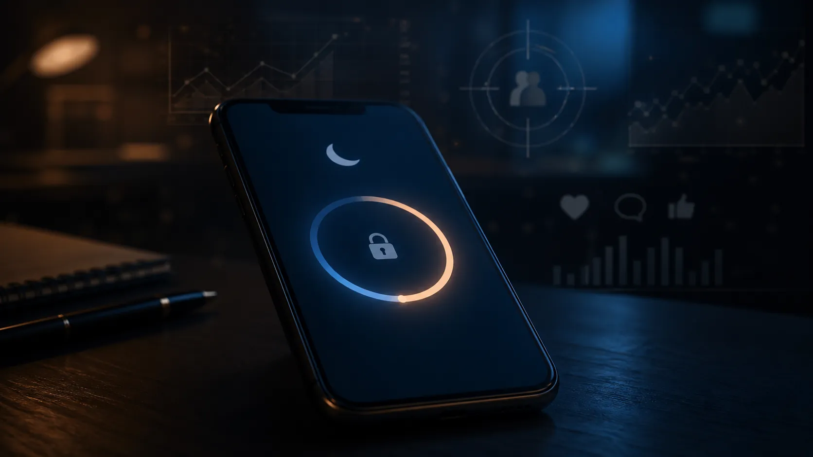 Parental-control countdown and night-mode icons shown beside advertising analytics